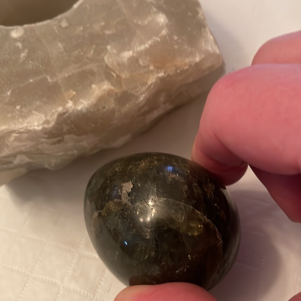 Green Egg Shaped Labradorite with many inclusions. W 5” x L 6”.